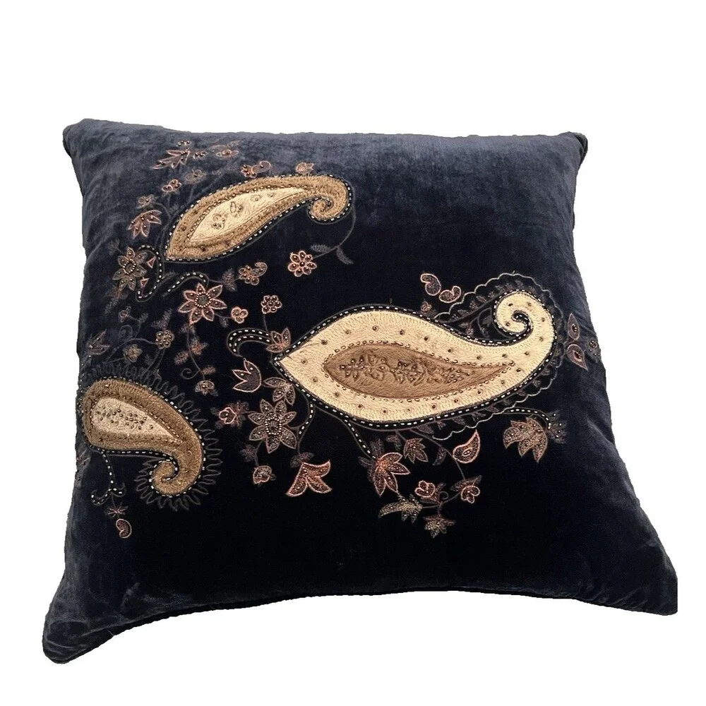 Rodeo Home Luxury Velvet Throw Pillow Feather Down Filled Blue Paisley 22 x 22in